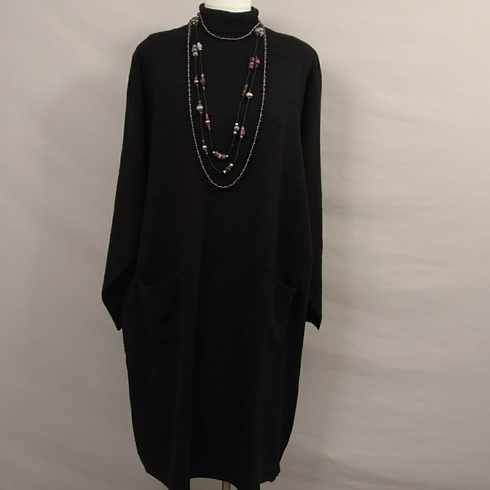 Black Knit Sweater Dress Minimalist Classic w Pockets Wool Blend Comfortable